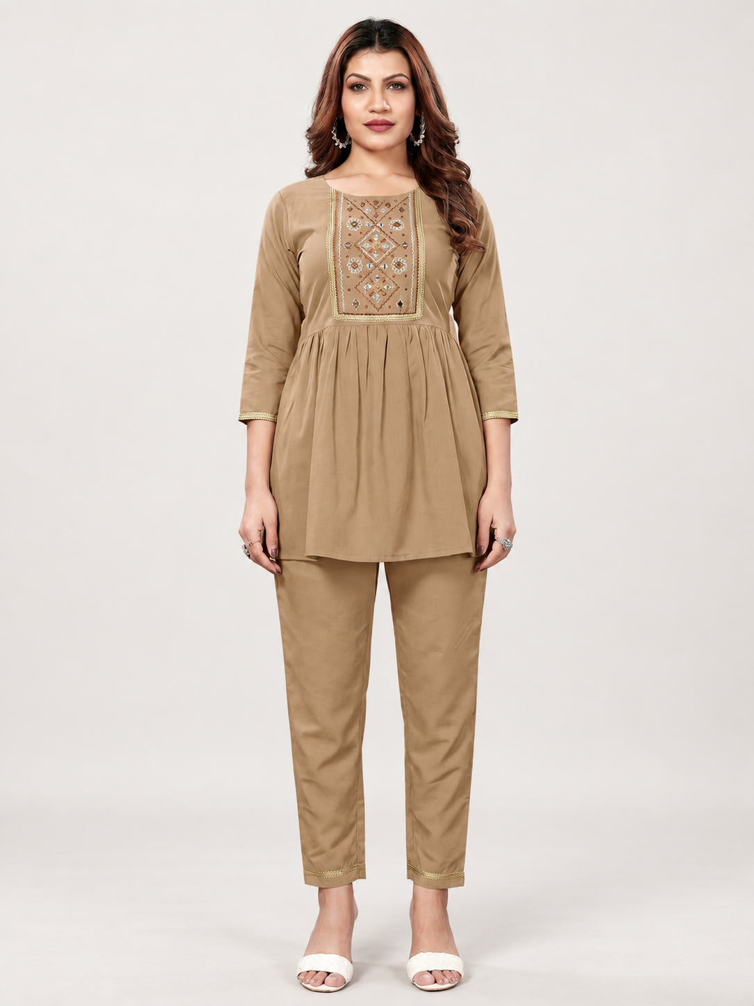 Beige Embroidered Cotton Blend Co Ord Set - Image 1