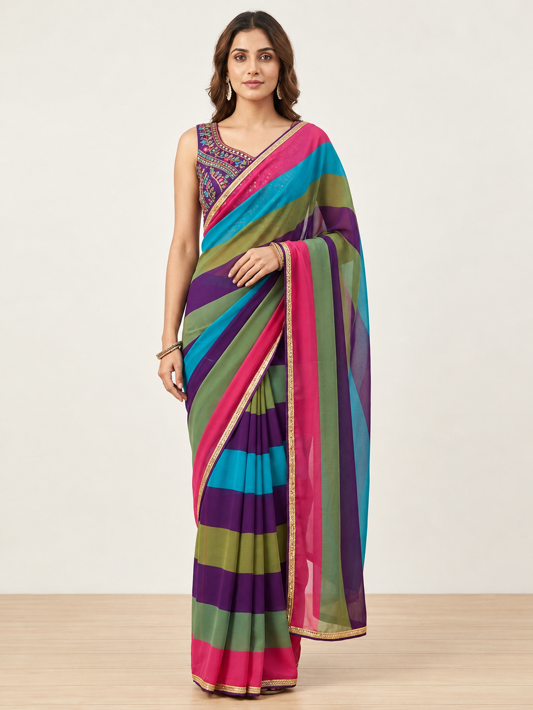 Multicolor Printed Georgette Saree With Lace Border - Image 1