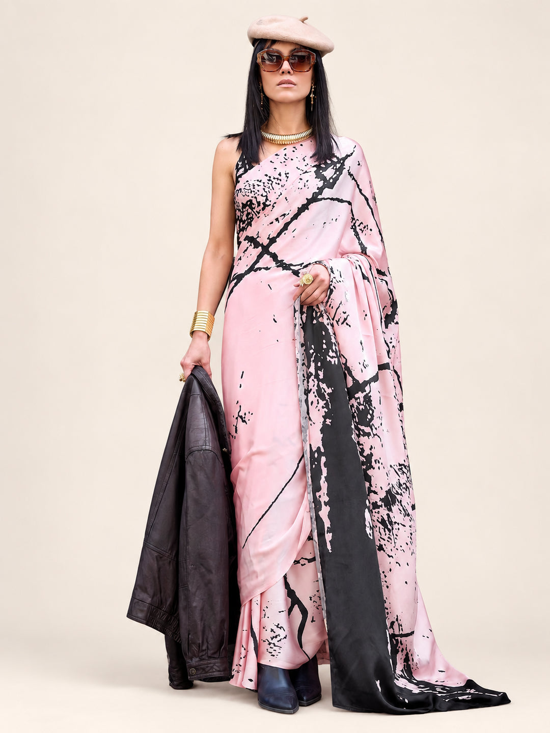 Pink Printed Crepe Saree - Image 1
