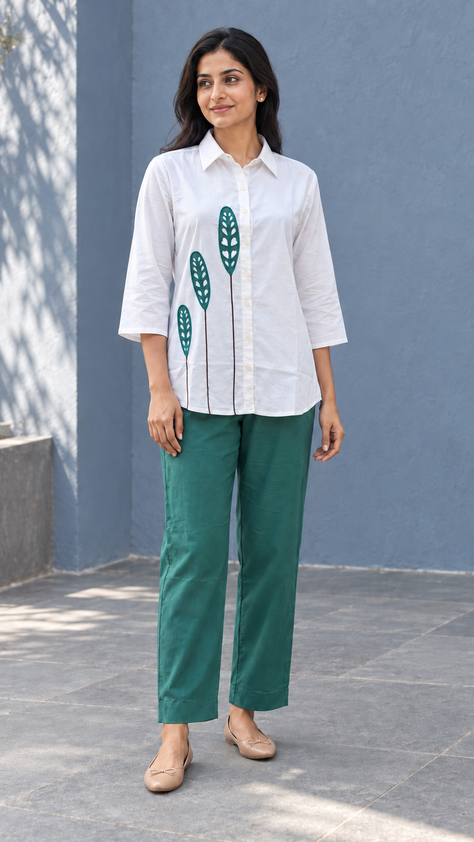 Peachmode White and Green Pure Cotton Leaf Applique Co-ord Set - Image 1