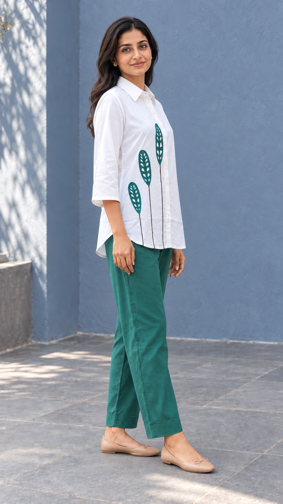 Peachmode White and Green Pure Cotton Leaf Applique Co-ord Set - Image 3