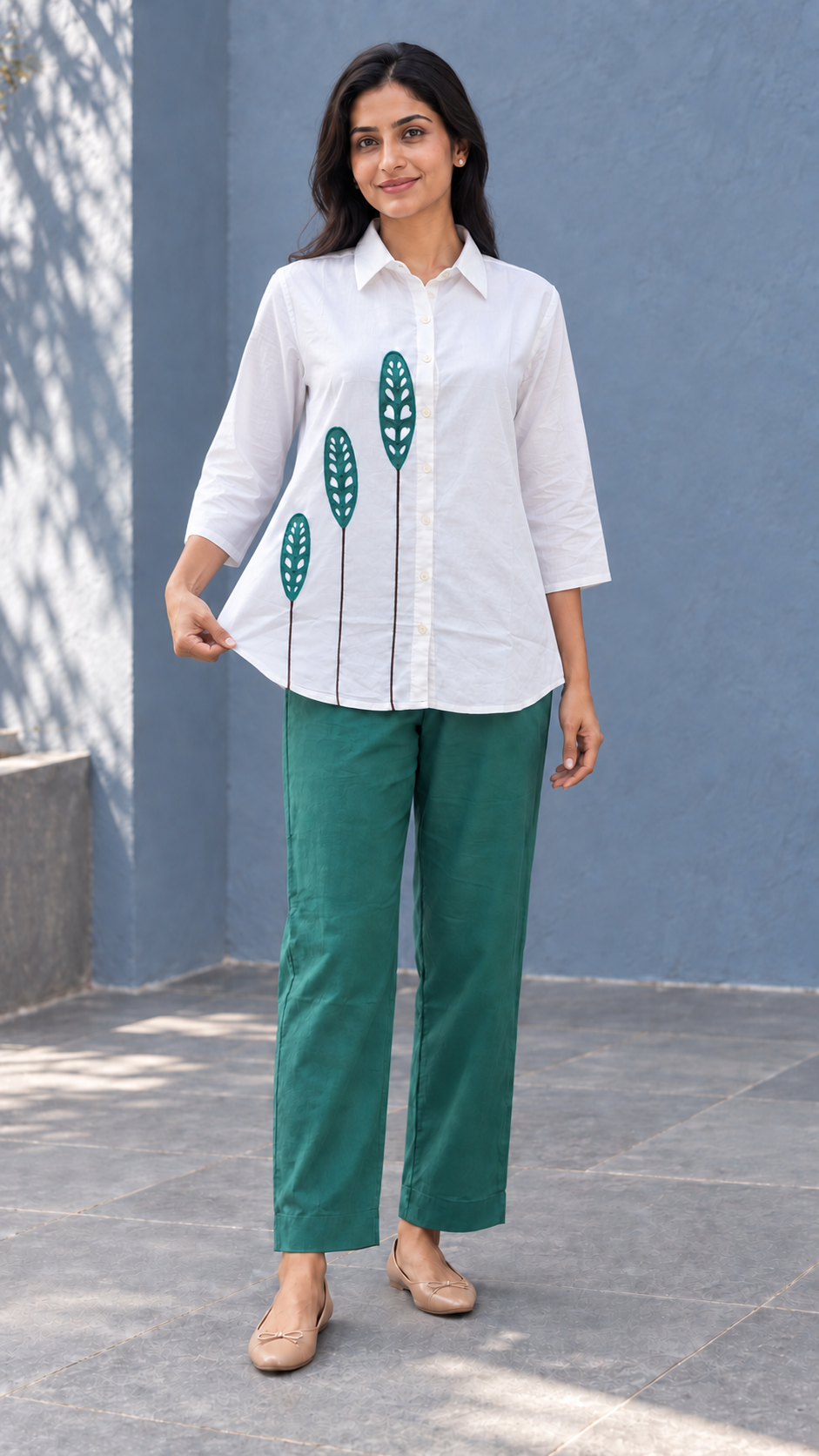 Peachmode White and Green Pure Cotton Leaf Applique Co-ord Set - Image 5