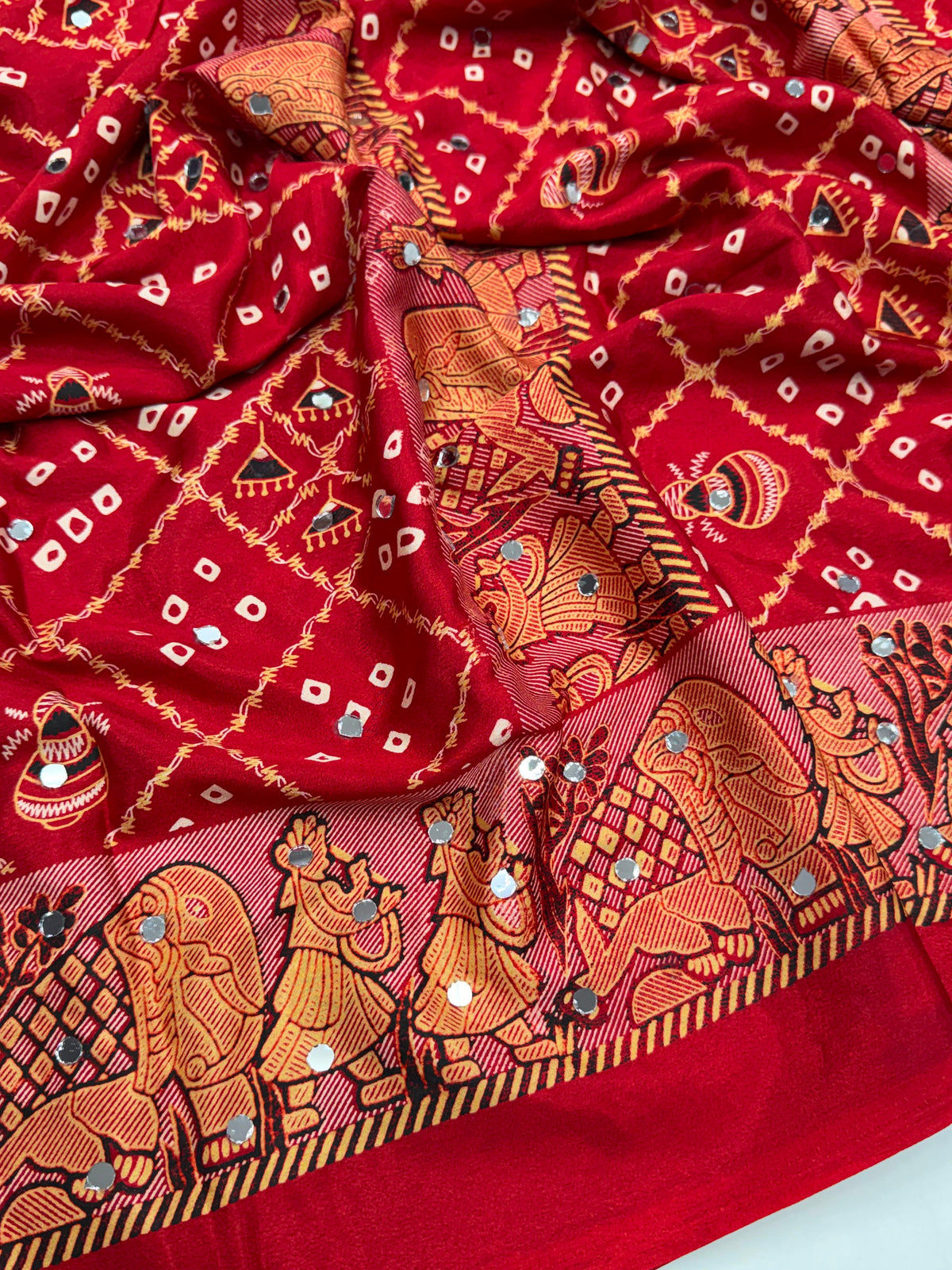 Peachmode Red Ajrakh Mirror Work Satin Viscose Silk Saree - Image 3