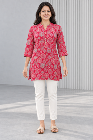 Peachmode Pink Rayon Geometric Printed Short Top - Image 2