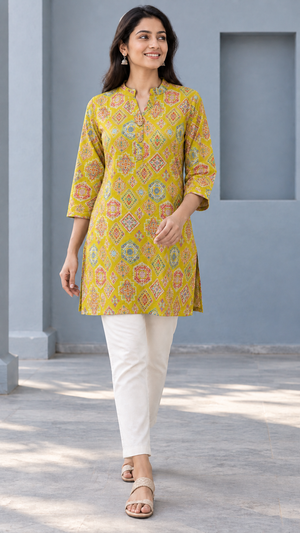 Peachmode Mustard Rayon Geometric Printed Short Top - Image 1
