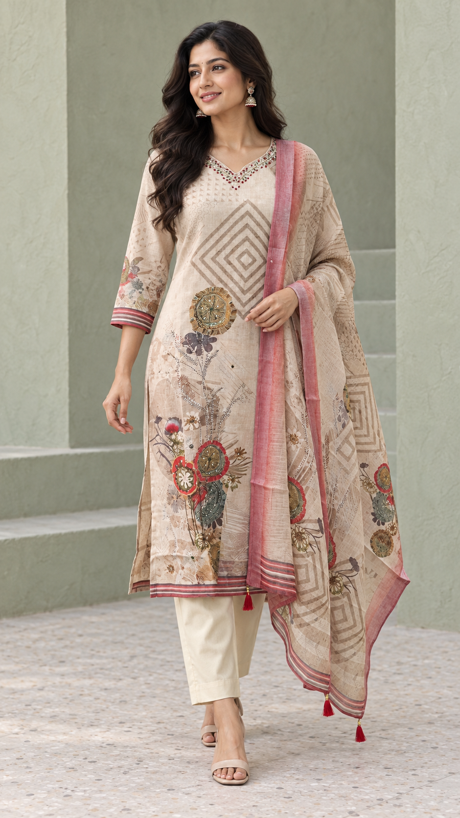 Peachmode Beige Linen Blend Printed Embellished Salwar Suit - Image 1