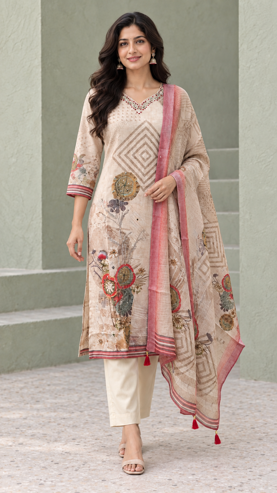 Peachmode Beige Linen Blend Printed Embellished Salwar Suit - Image 2