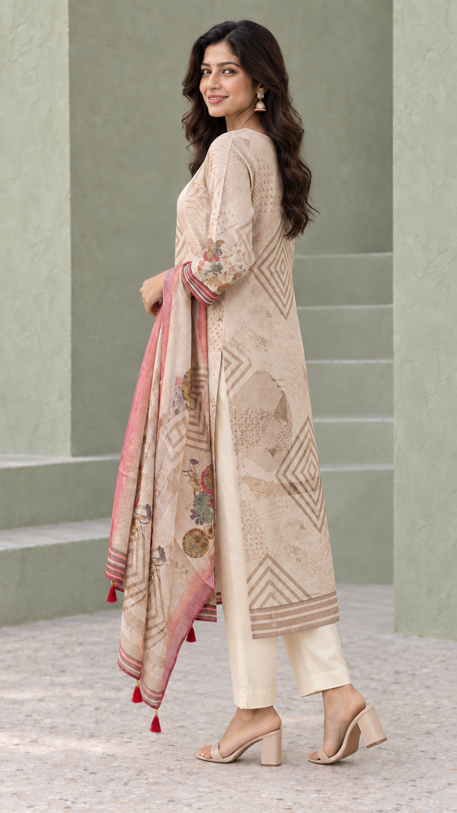 Peachmode Beige Linen Blend Printed Embellished Salwar Suit - Image 3