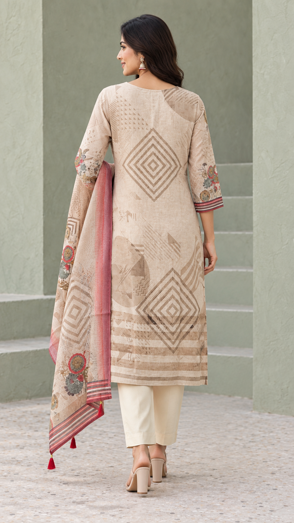 Peachmode Beige Linen Blend Printed Embellished Salwar Suit - Image 4