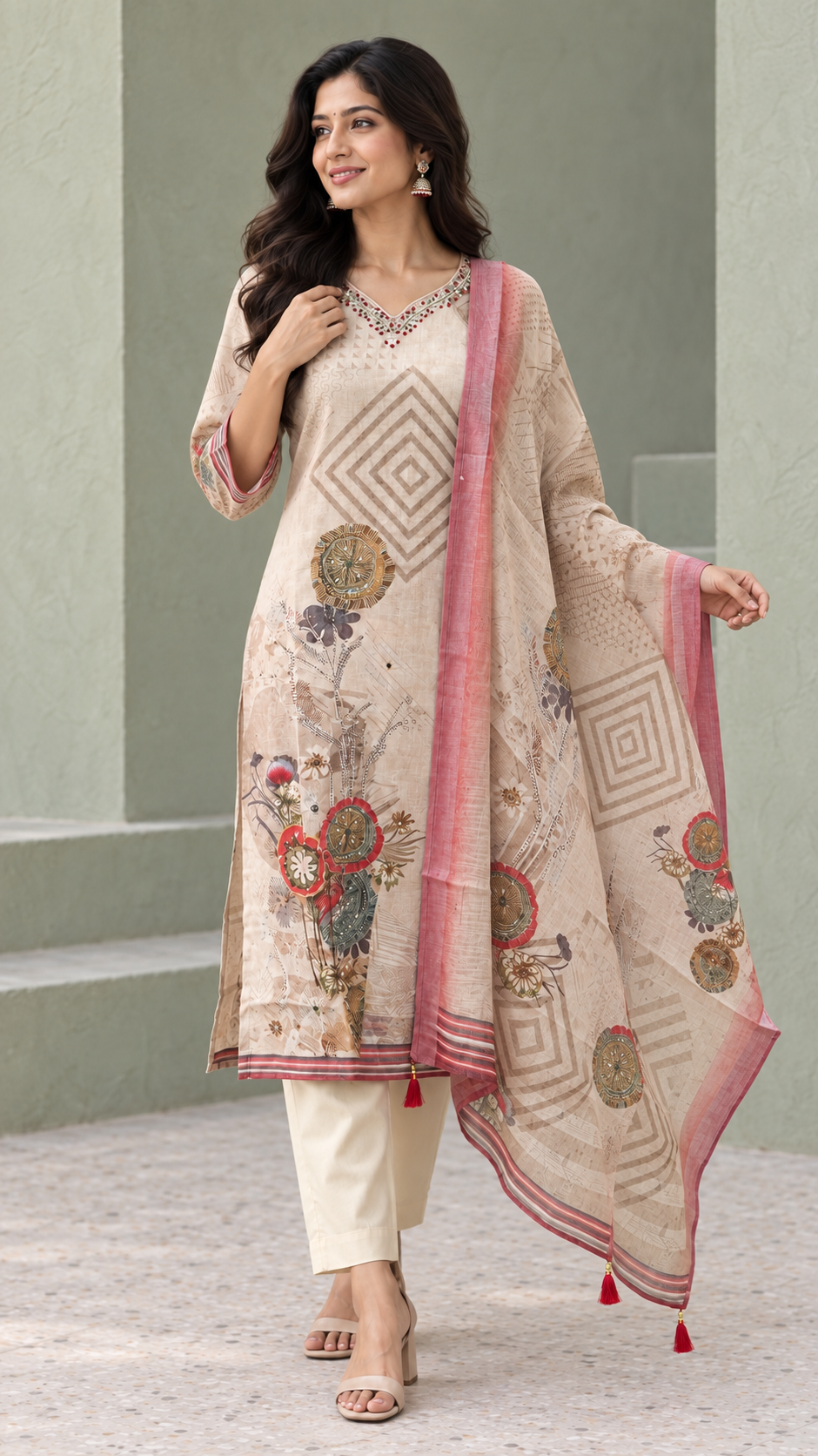 Peachmode Beige Linen Blend Printed Embellished Salwar Suit - Image 5