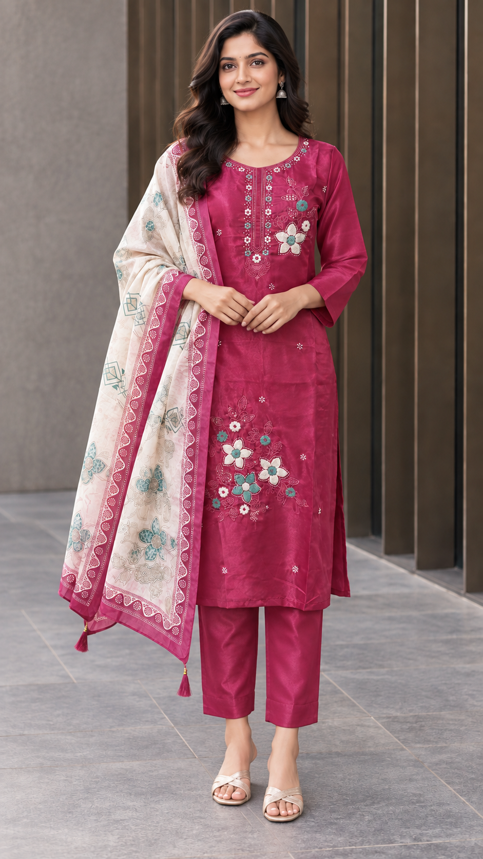 Peachmode Magenta Silk Blend Floral Embroidered Salwar Suit - Image 2