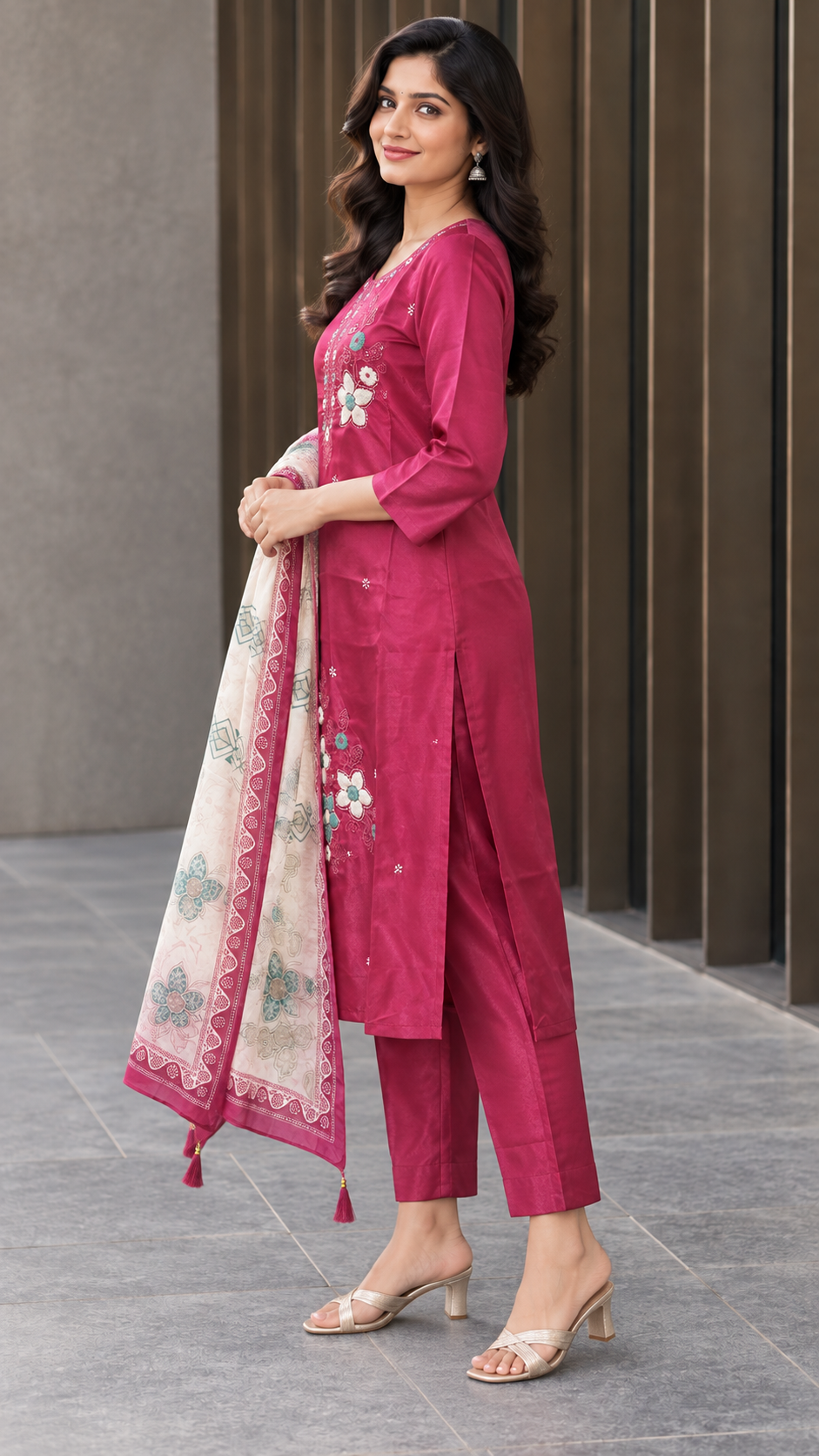 Peachmode Magenta Silk Blend Floral Embroidered Salwar Suit - Image 3