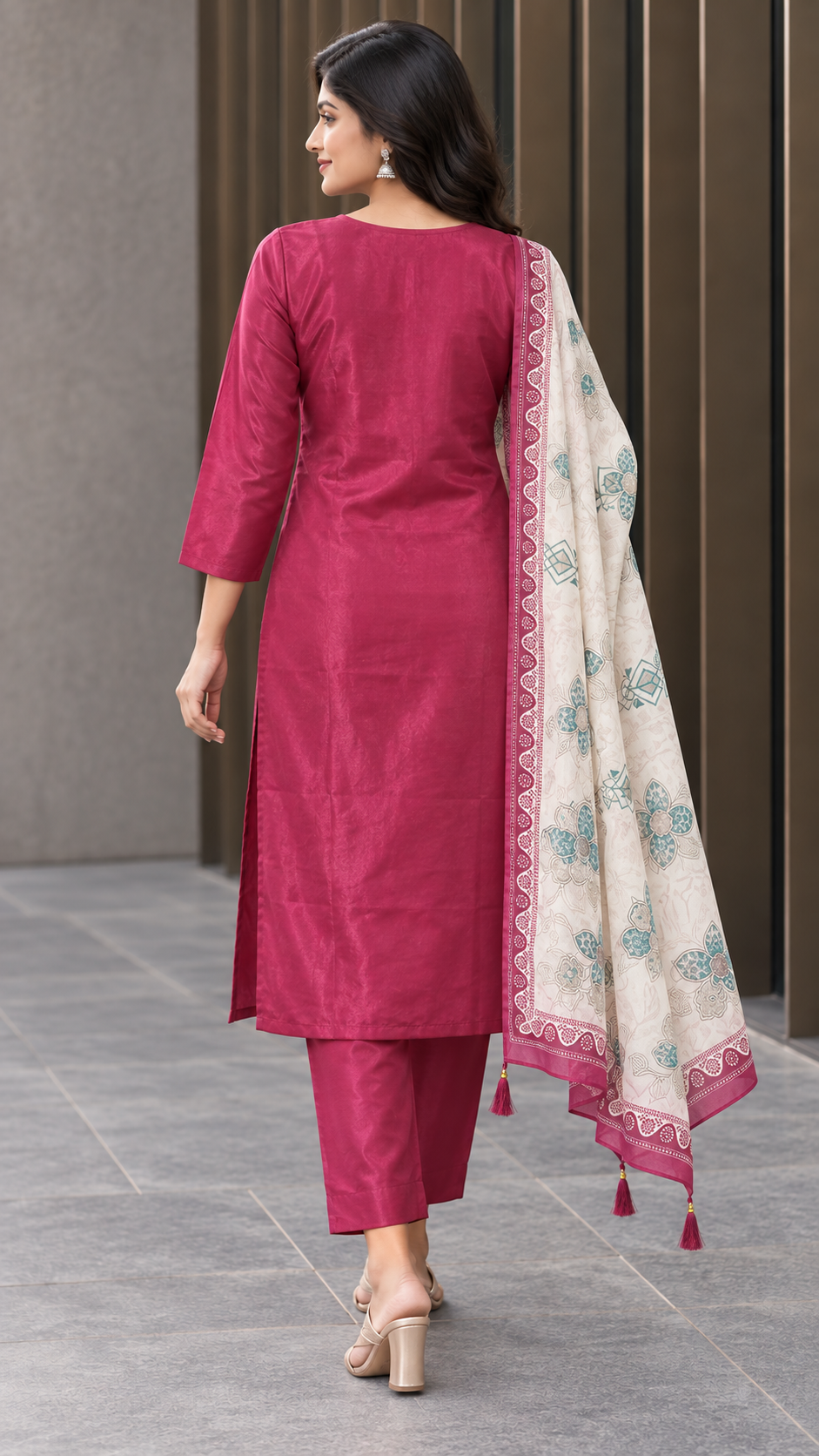 Peachmode Magenta Silk Blend Floral Embroidered Salwar Suit - Image 4