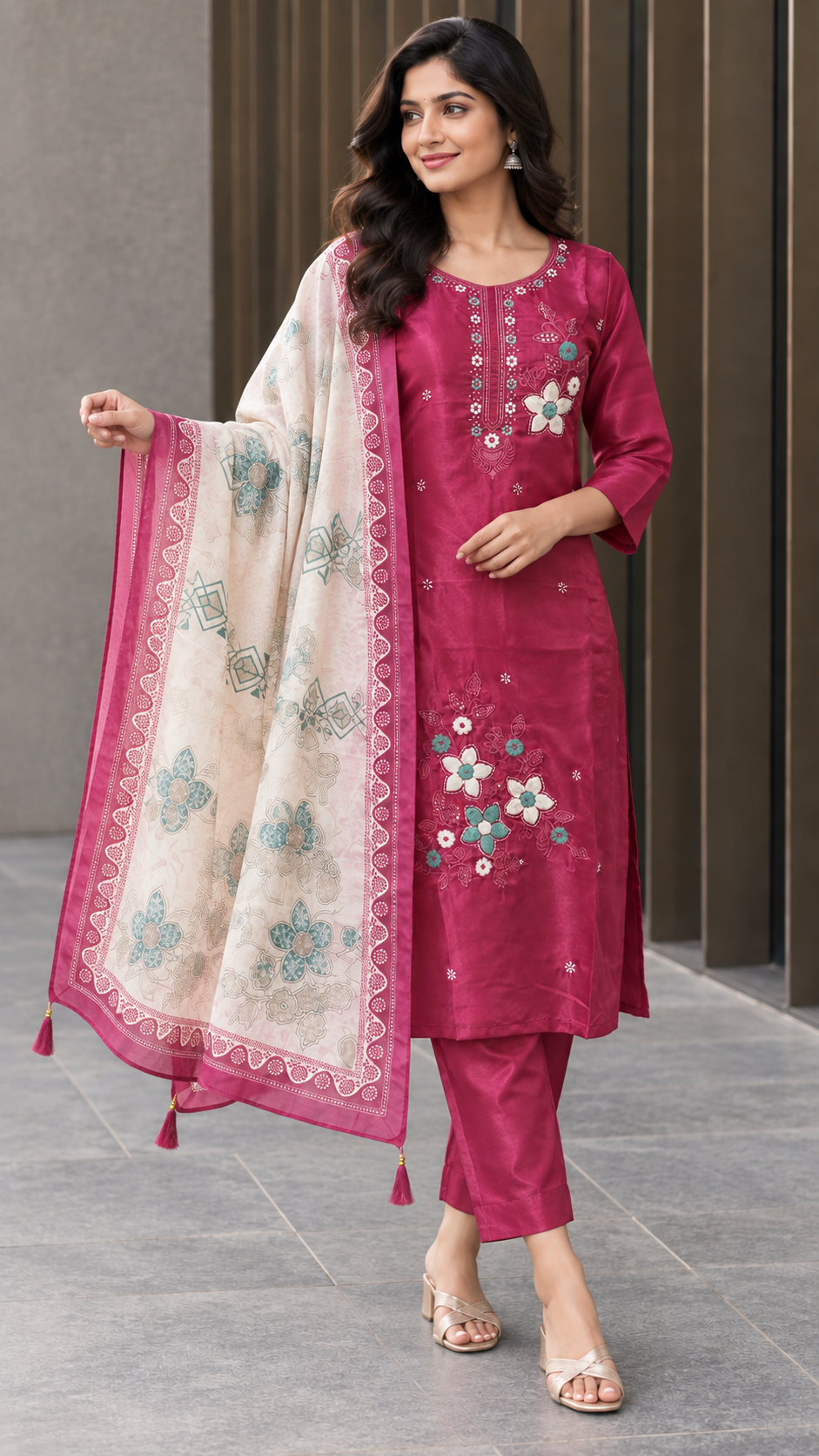 Peachmode Magenta Silk Blend Floral Embroidered Salwar Suit - Image 5