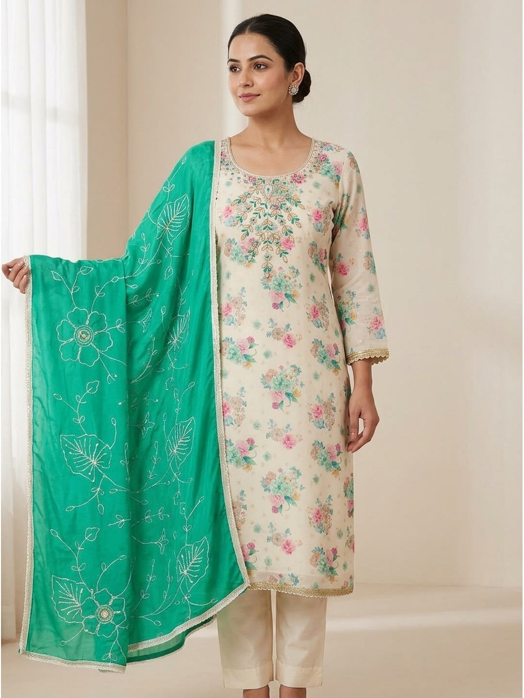 Peachmode Cream Floral Handwork Chanderi Silk Dress Material - Image 2