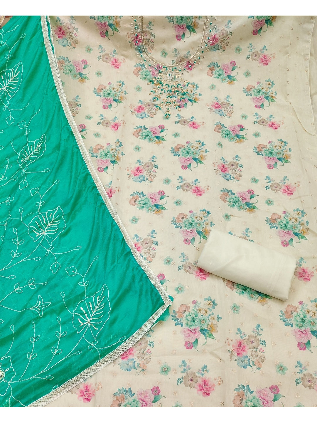 Peachmode Cream Floral Handwork Chanderi Silk Dress Material - Image 3