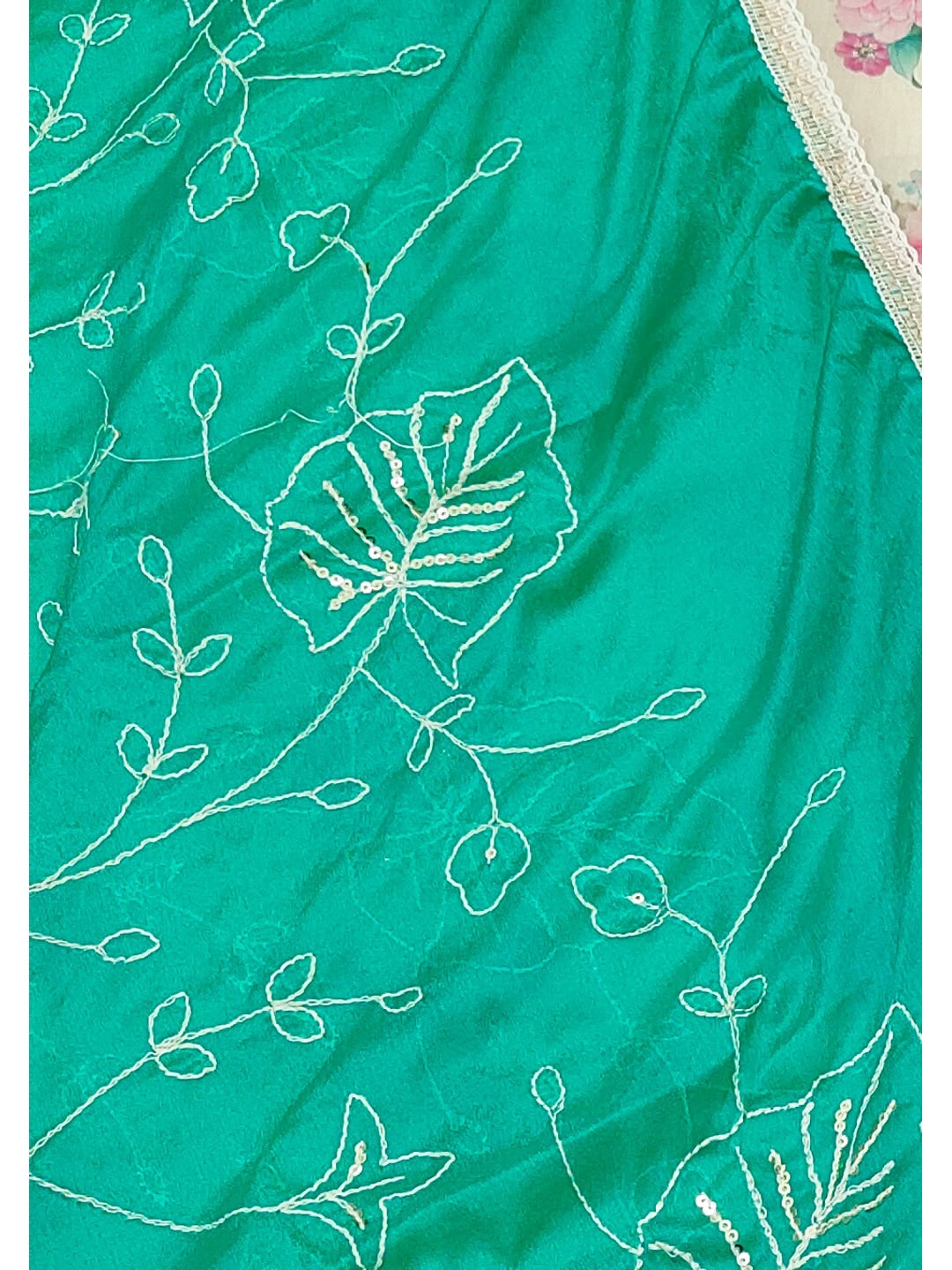 Peachmode Cream Floral Handwork Chanderi Silk Dress Material - Image 5