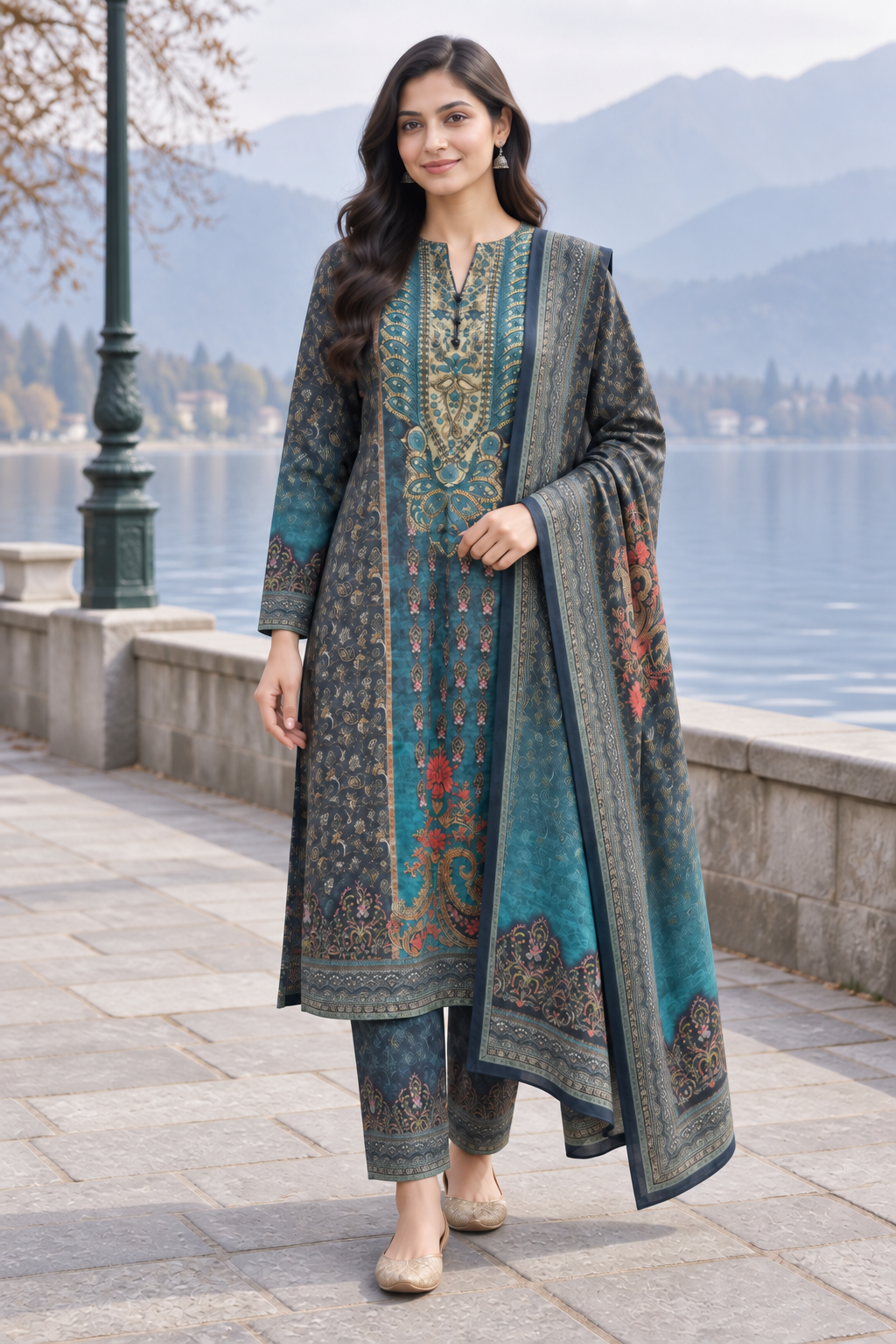 Peachmode Blue Printed Woolen Suit with Dupatta - Image 1