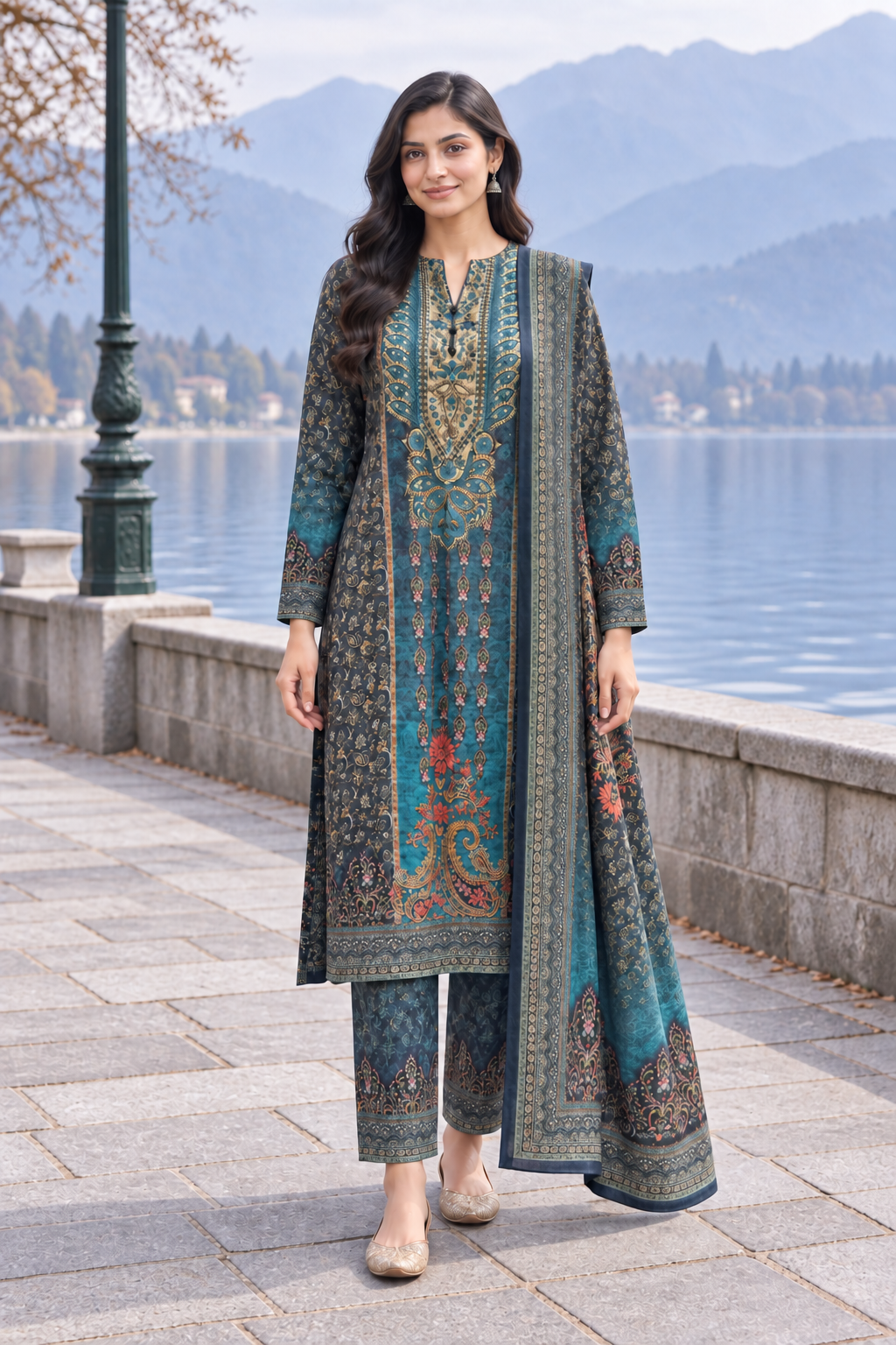 Peachmode Blue Printed Woolen Suit with Dupatta - Image 2