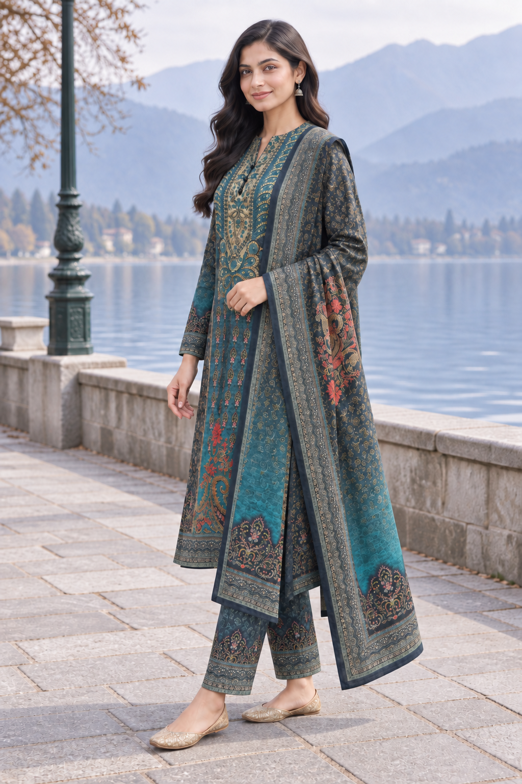 Peachmode Blue Printed Woolen Suit with Dupatta - Image 3