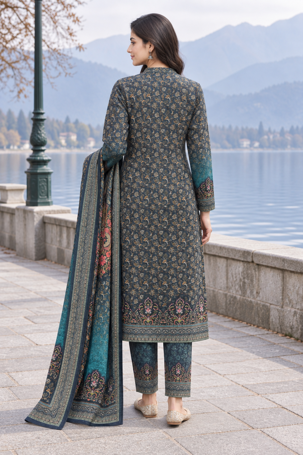 Peachmode Blue Printed Woolen Suit with Dupatta - Image 4