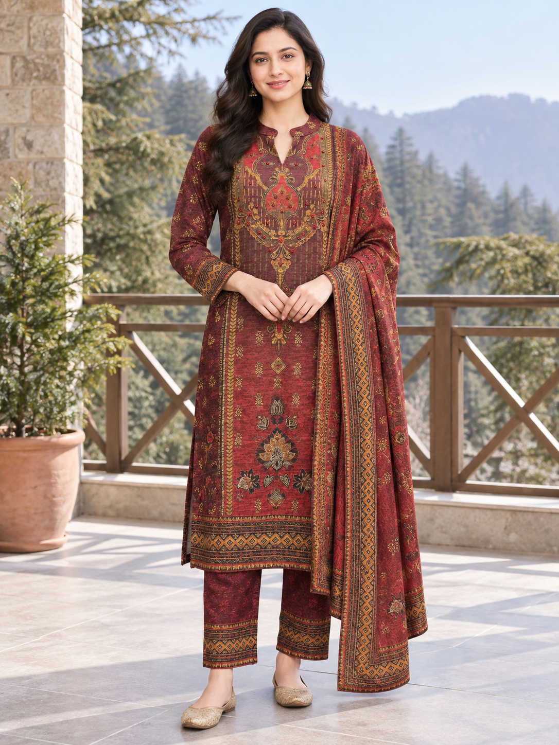 Peachmode Red Printed Woolen Suit with Dupatta - Image 1