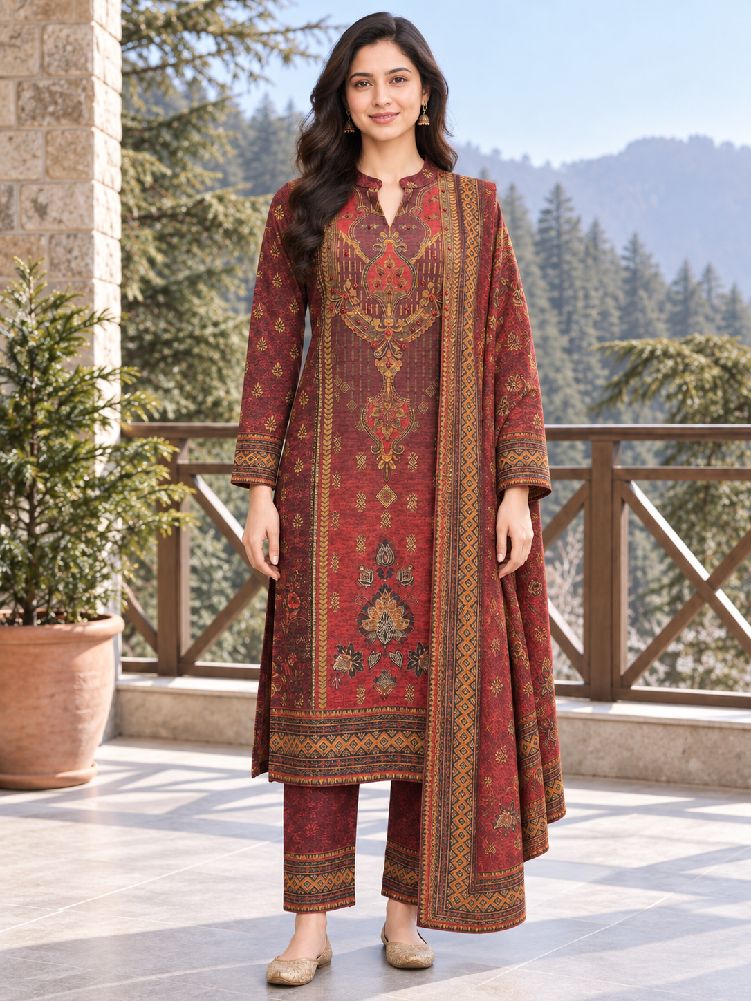 Peachmode Red Printed Woolen Suit with Dupatta - Image 2
