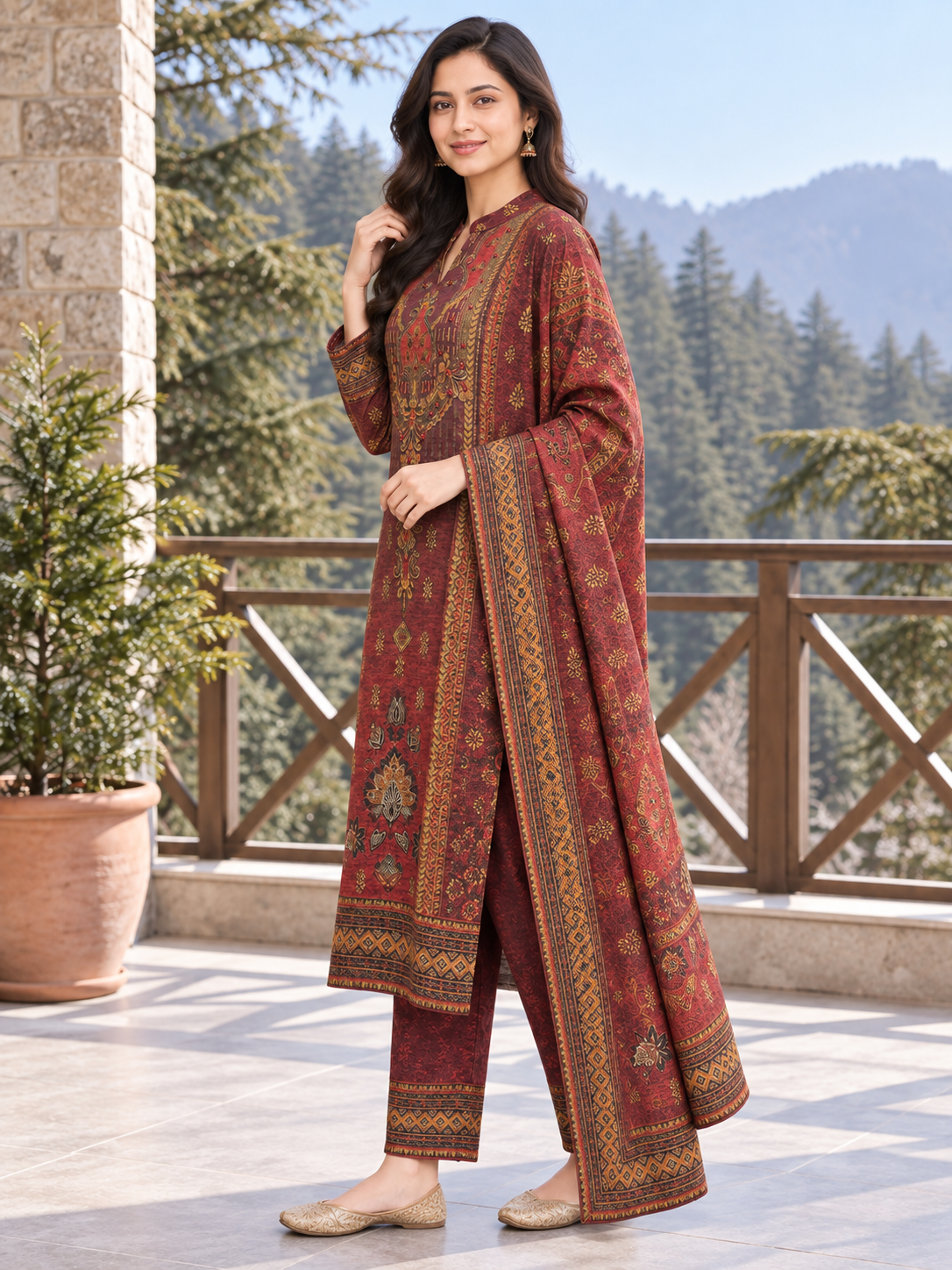 Peachmode Red Printed Woolen Suit with Dupatta - Image 3