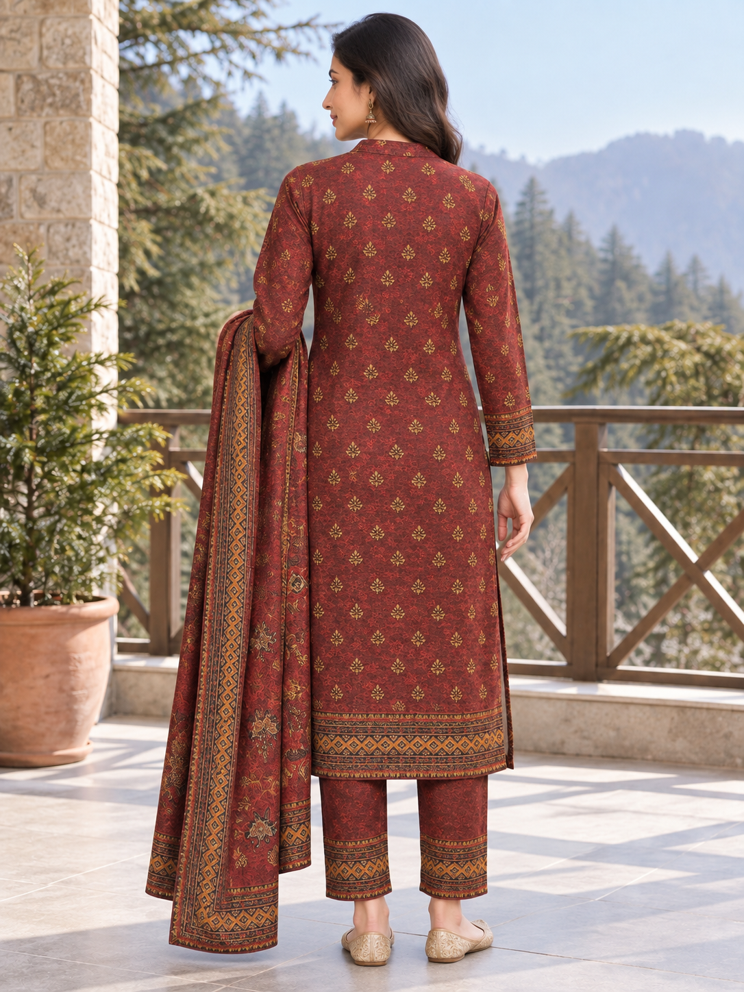 Peachmode Red Printed Woolen Suit with Dupatta - Image 4