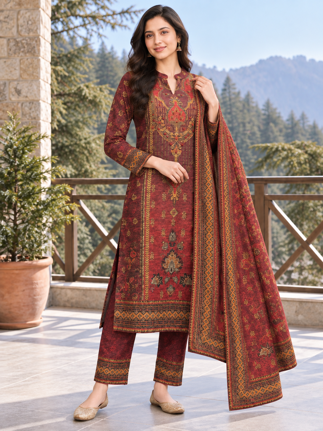 Peachmode Red Printed Woolen Suit with Dupatta - Image 5