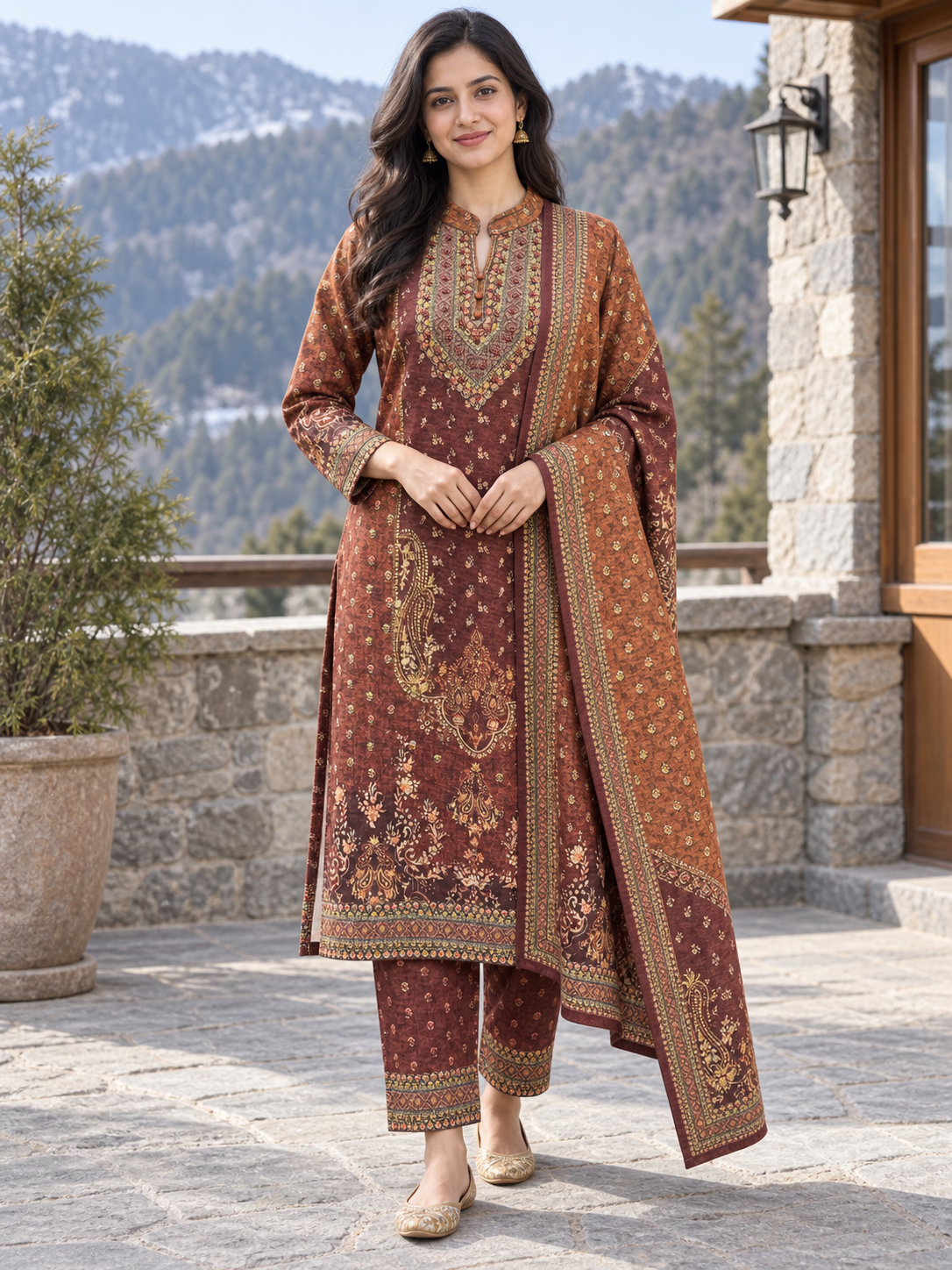 Peachmode Red Printed Woolen Suit with Dupatta - Image 1