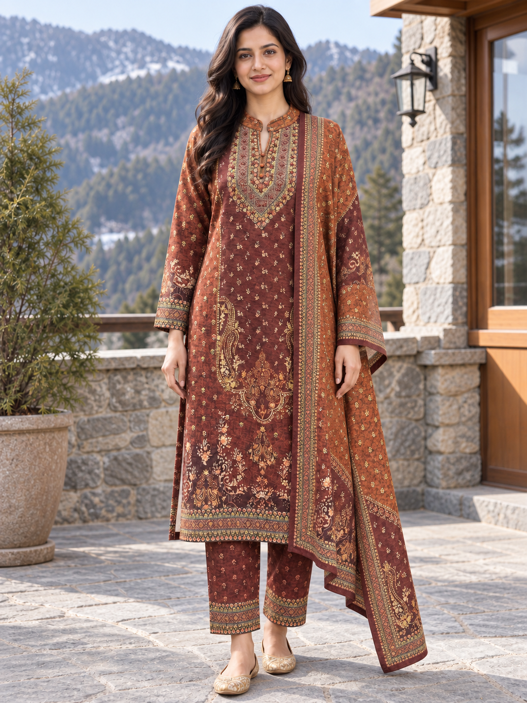 Peachmode Red Printed Woolen Suit with Dupatta - Image 2