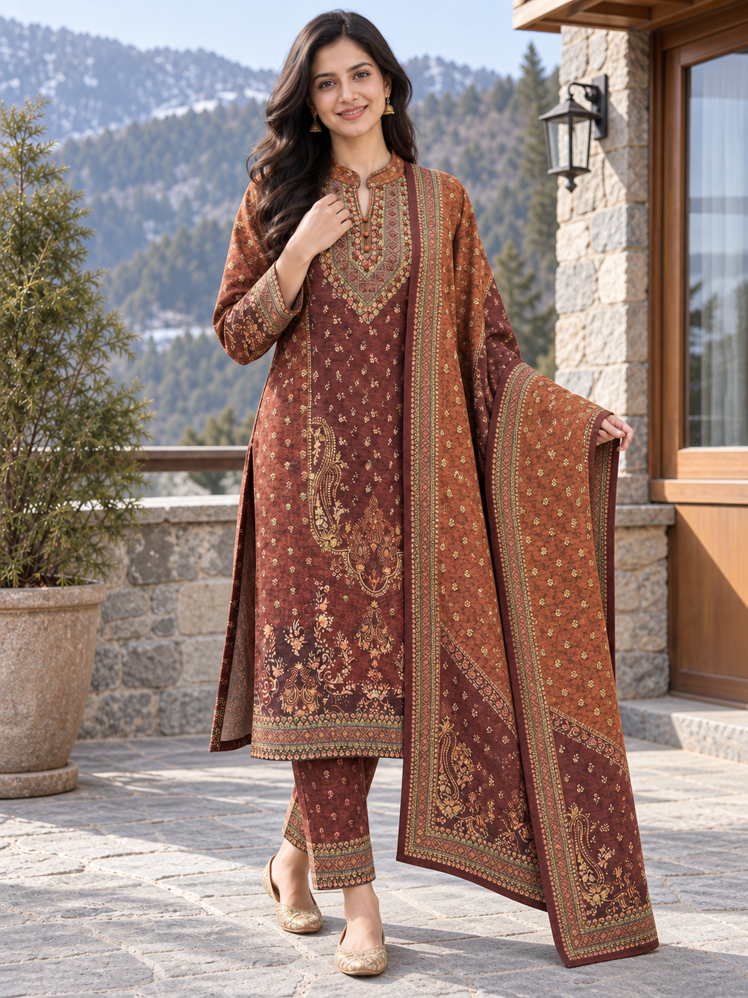 Peachmode Red Printed Woolen Suit with Dupatta - Image 5