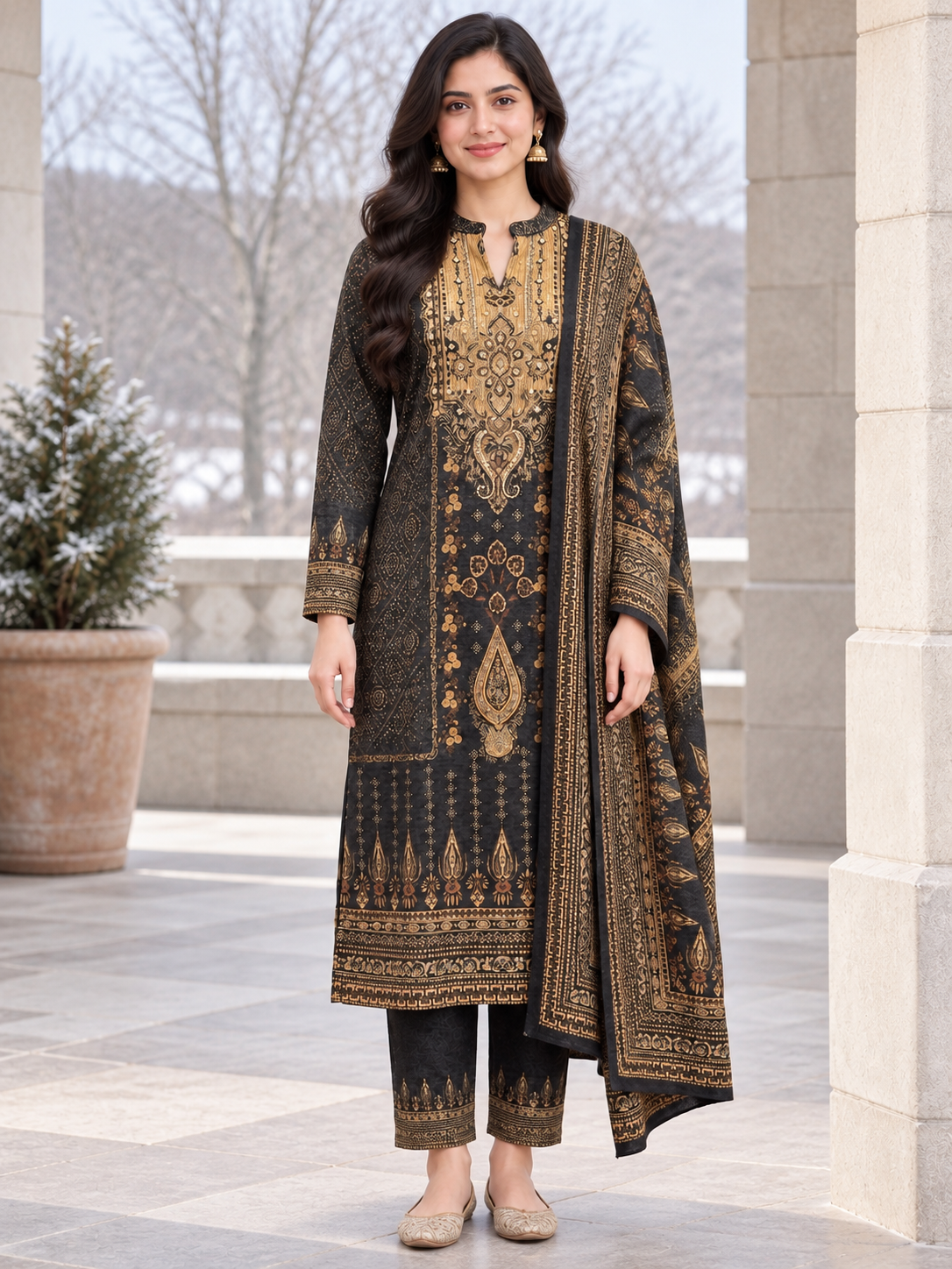 Peachmode Black Printed Woolen Suit with Dupatta - Image 2