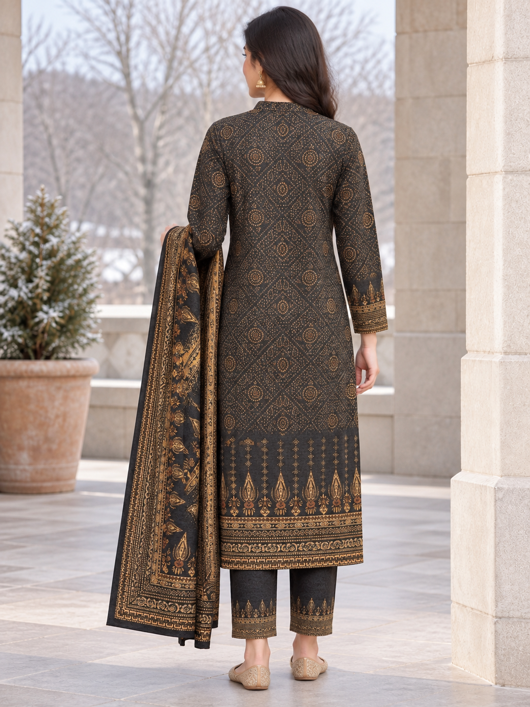 Peachmode Black Printed Woolen Suit with Dupatta - Image 4