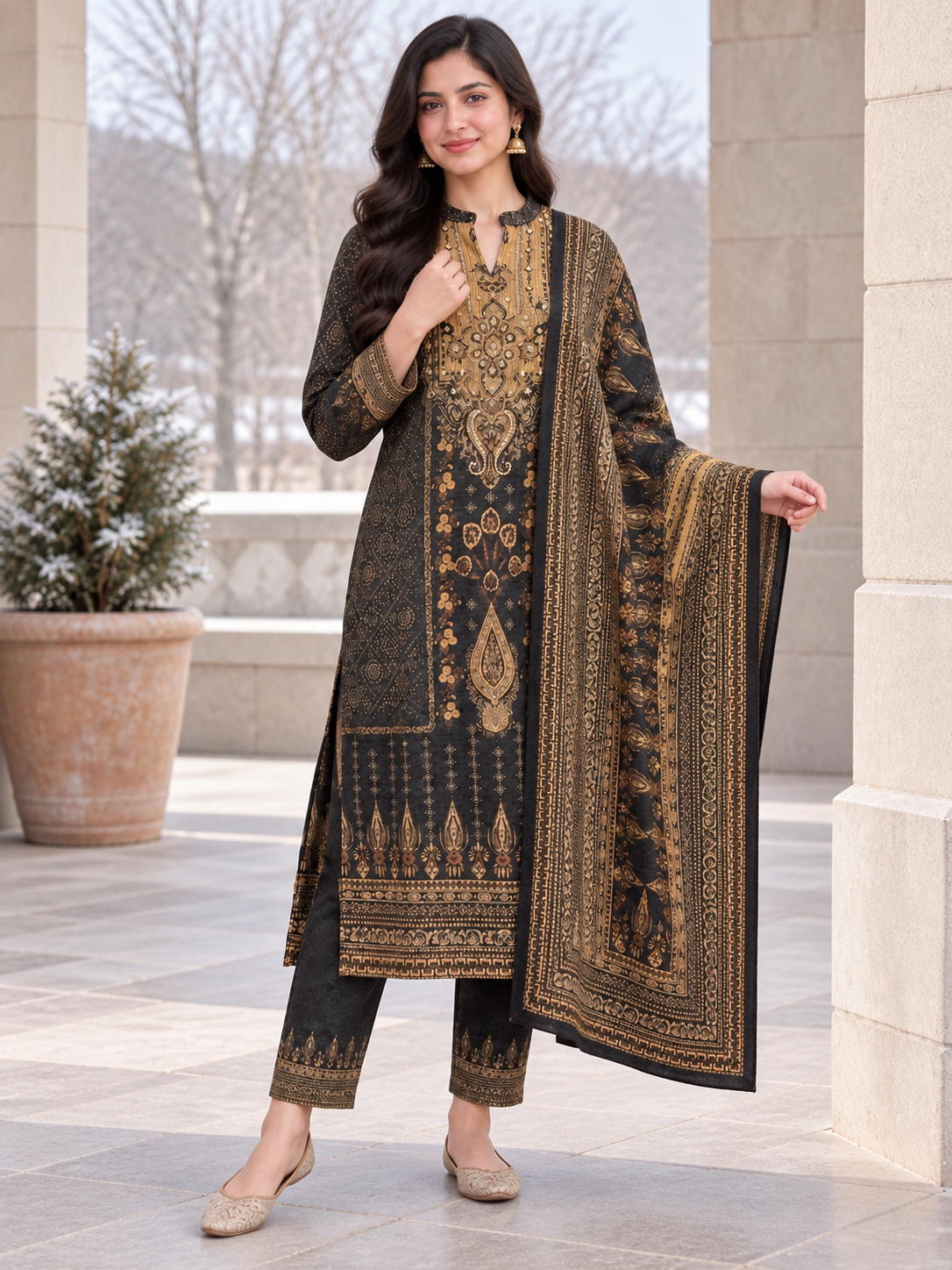 Peachmode Black Printed Woolen Suit with Dupatta - Image 5