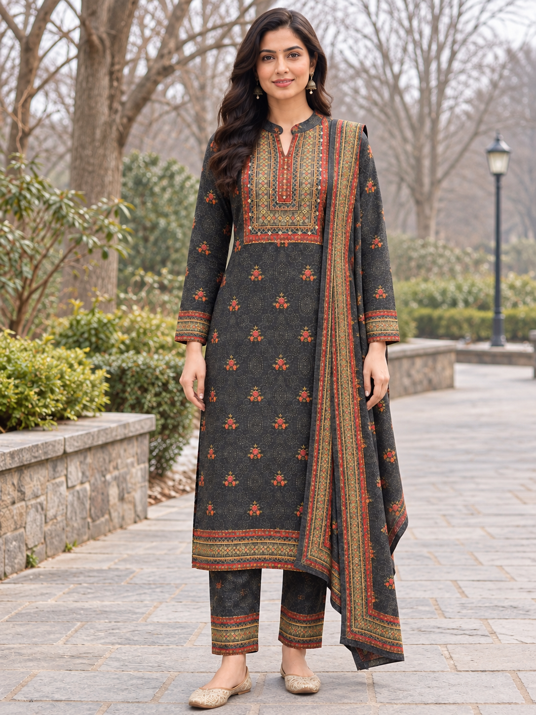 Peachmode Grey Printed Woolen Suit with Dupatta - Image 2