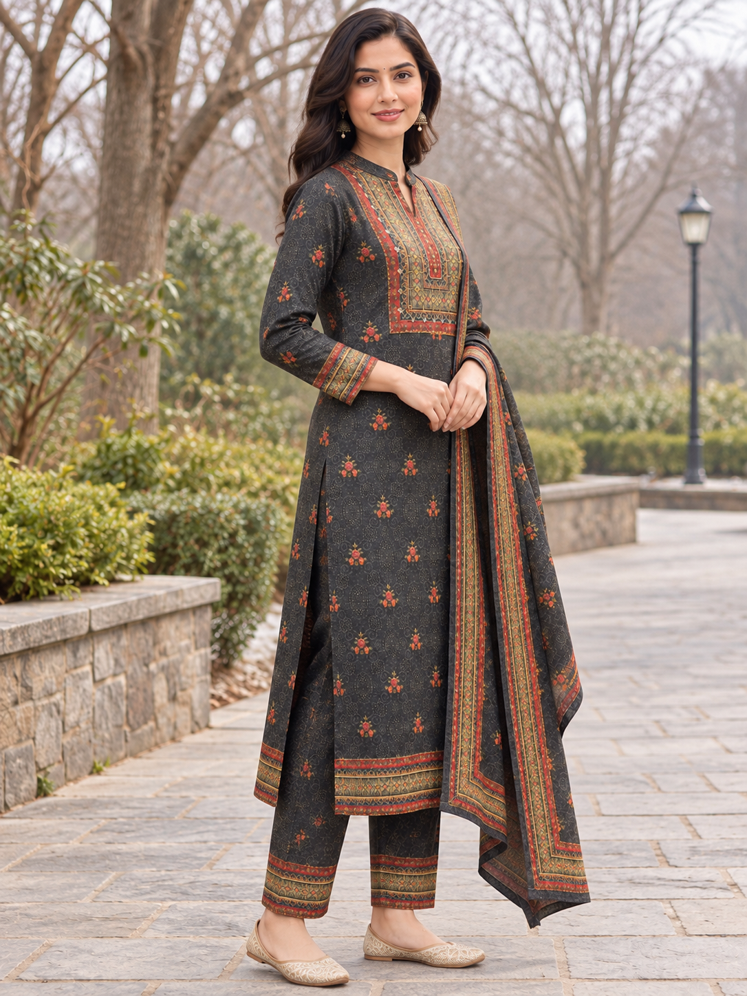 Peachmode Grey Printed Woolen Suit with Dupatta - Image 3