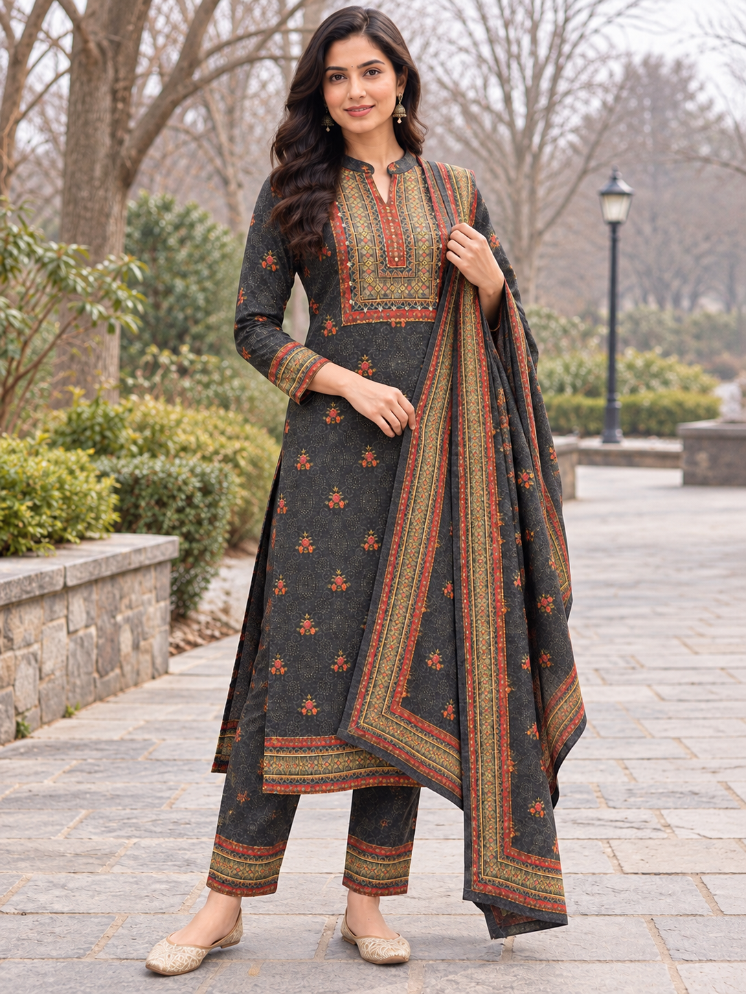 Peachmode Grey Printed Woolen Suit with Dupatta - Image 5