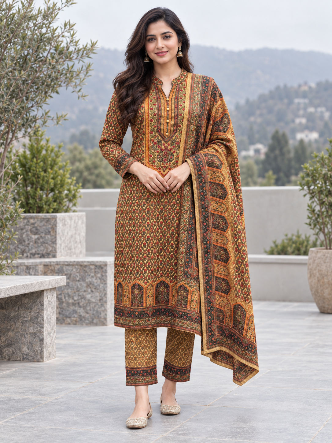 Peachmode Gold Printed Woolen Suit with Dupatta - Image 1