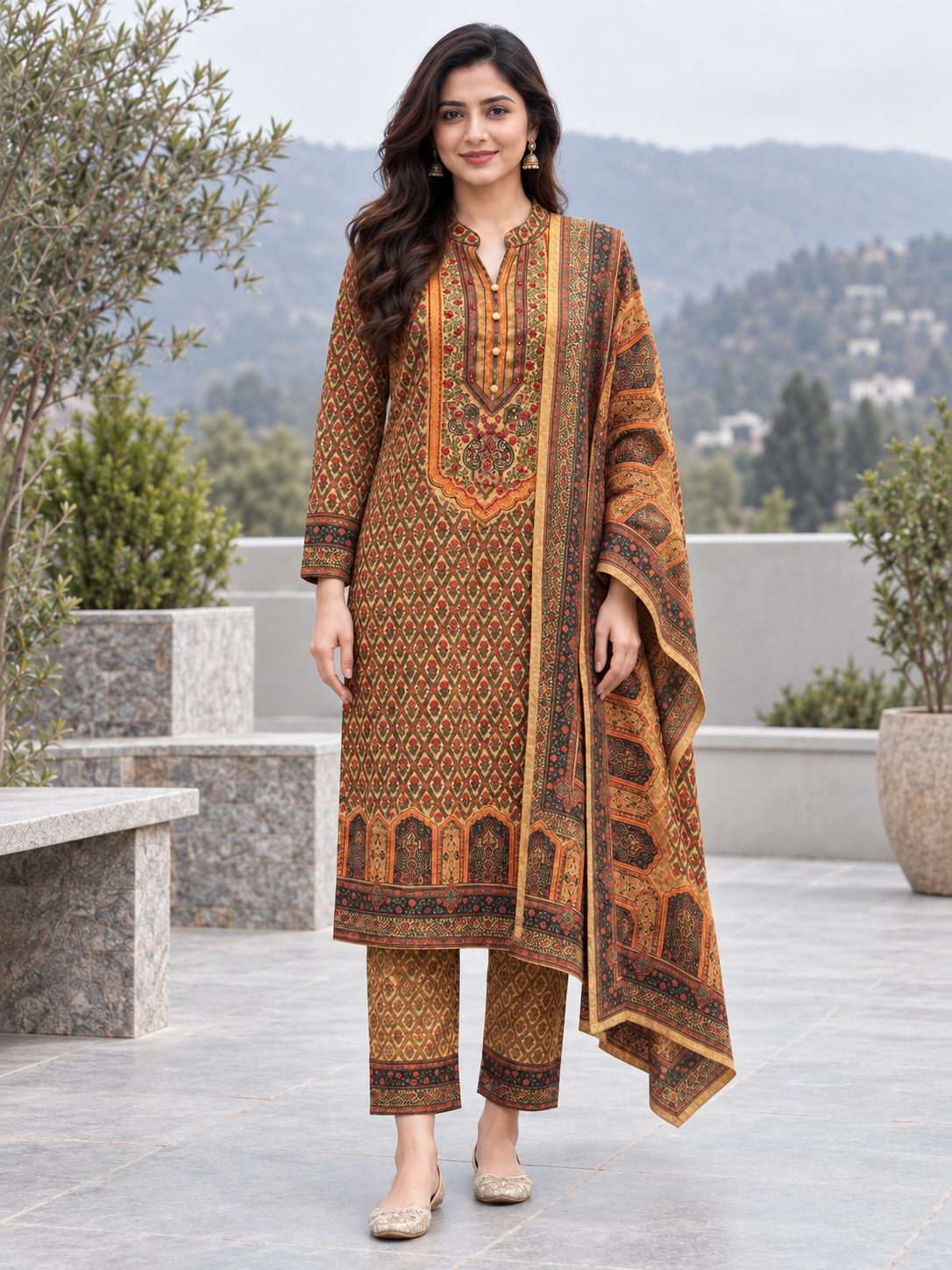 Peachmode Gold Printed Woolen Suit with Dupatta - Image 2