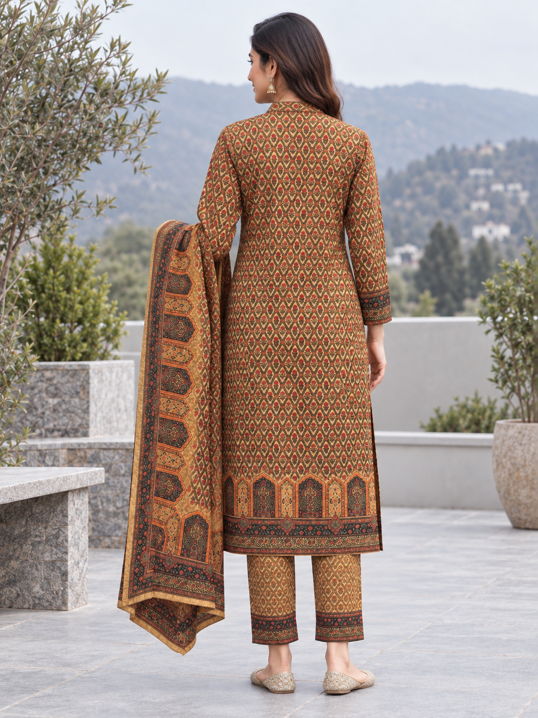 Peachmode Gold Printed Woolen Suit with Dupatta - Image 4