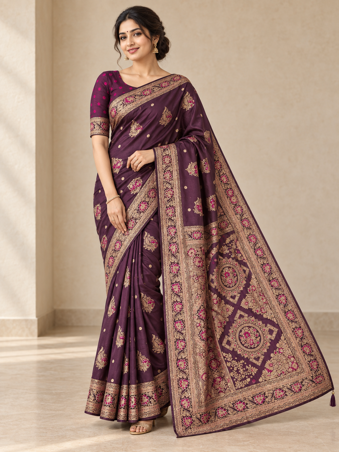 Peachmode Wine Art Silk Woven Saree - Image 1