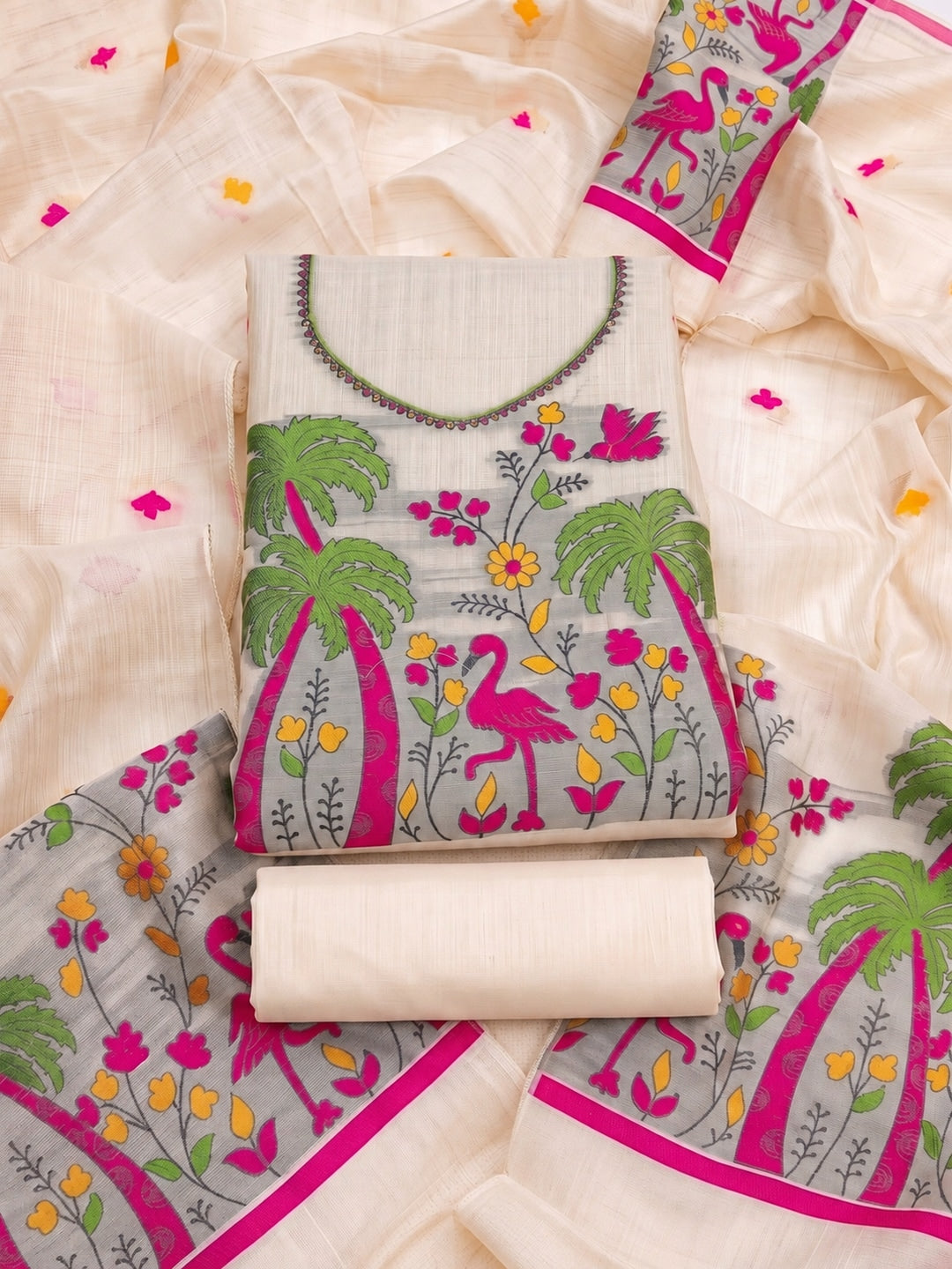 Peachmode Cream Jamdani Cotton Palm Bird Unstitched Dress Material - Image 1