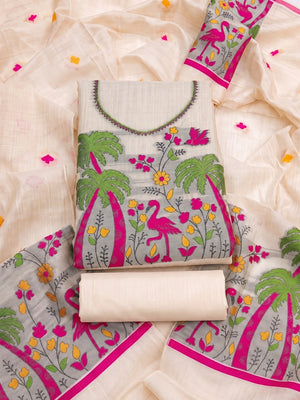 Peachmode Cream Jamdani Cotton Palm Bird Unstitched Dress Material - Image 1