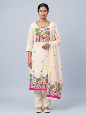 Peachmode Cream Jamdani Cotton Palm Bird Unstitched Dress Material - Image 2