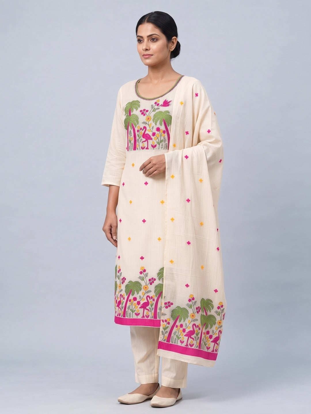 Peachmode Cream Jamdani Cotton Palm Bird Unstitched Dress Material - Image 5