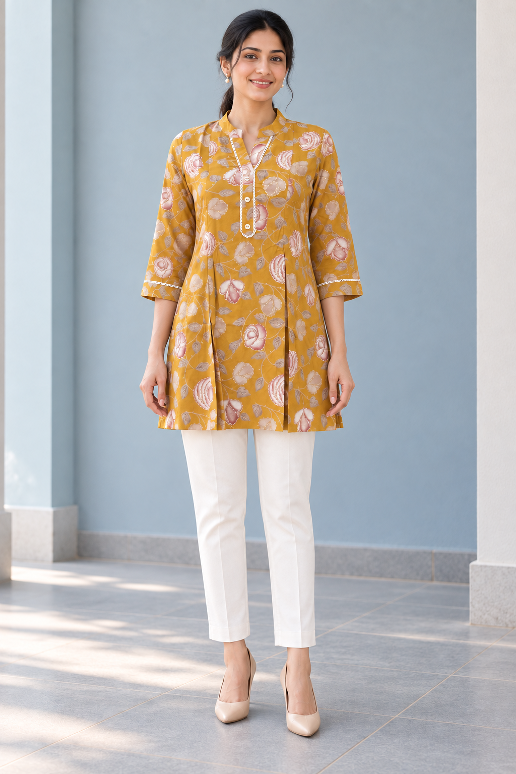 Yellow Floral Printed Rayon Top - Image 2
