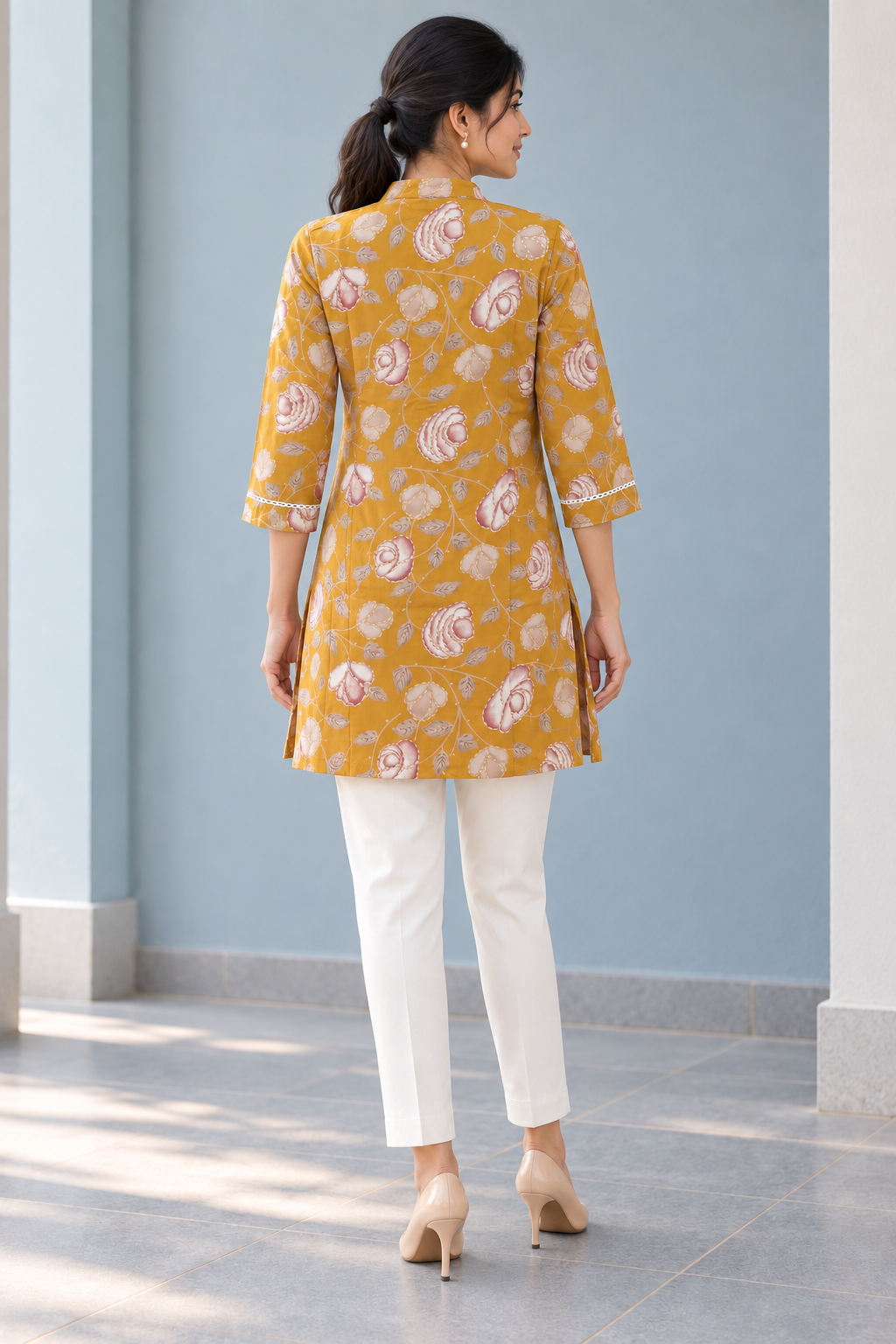 Yellow Floral Printed Rayon Top - Image 4