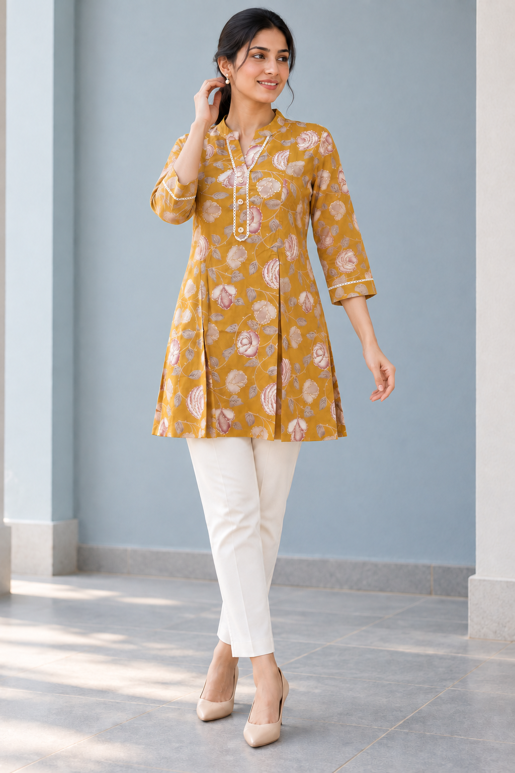 Yellow Floral Printed Rayon Top - Image 5
